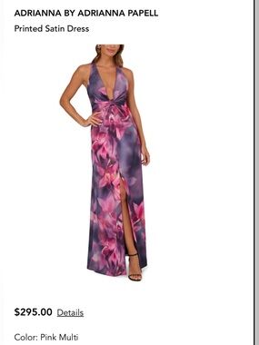 Adrianna Papell Pink and Purple Floral Satin Maxi Gown